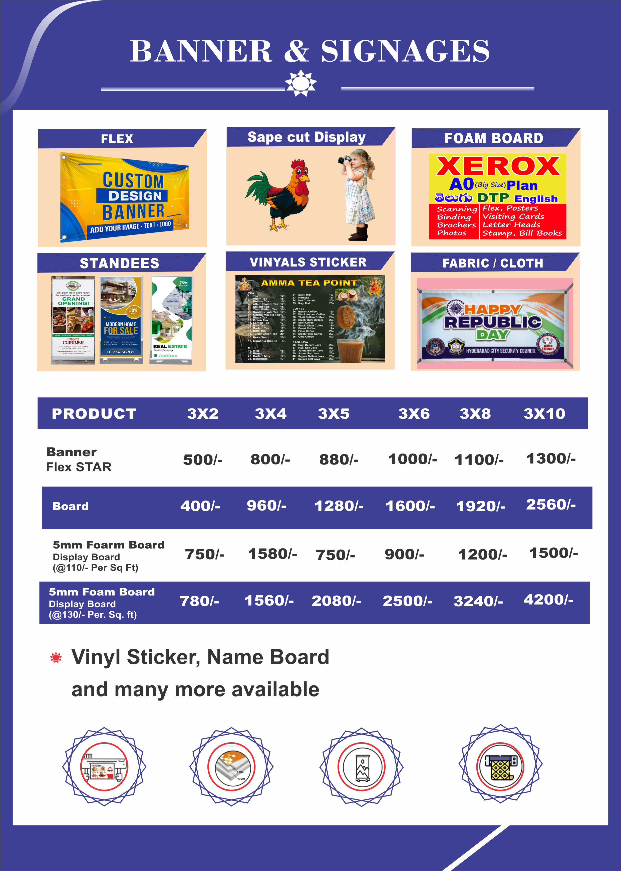 Banners & Signages pricing sheet