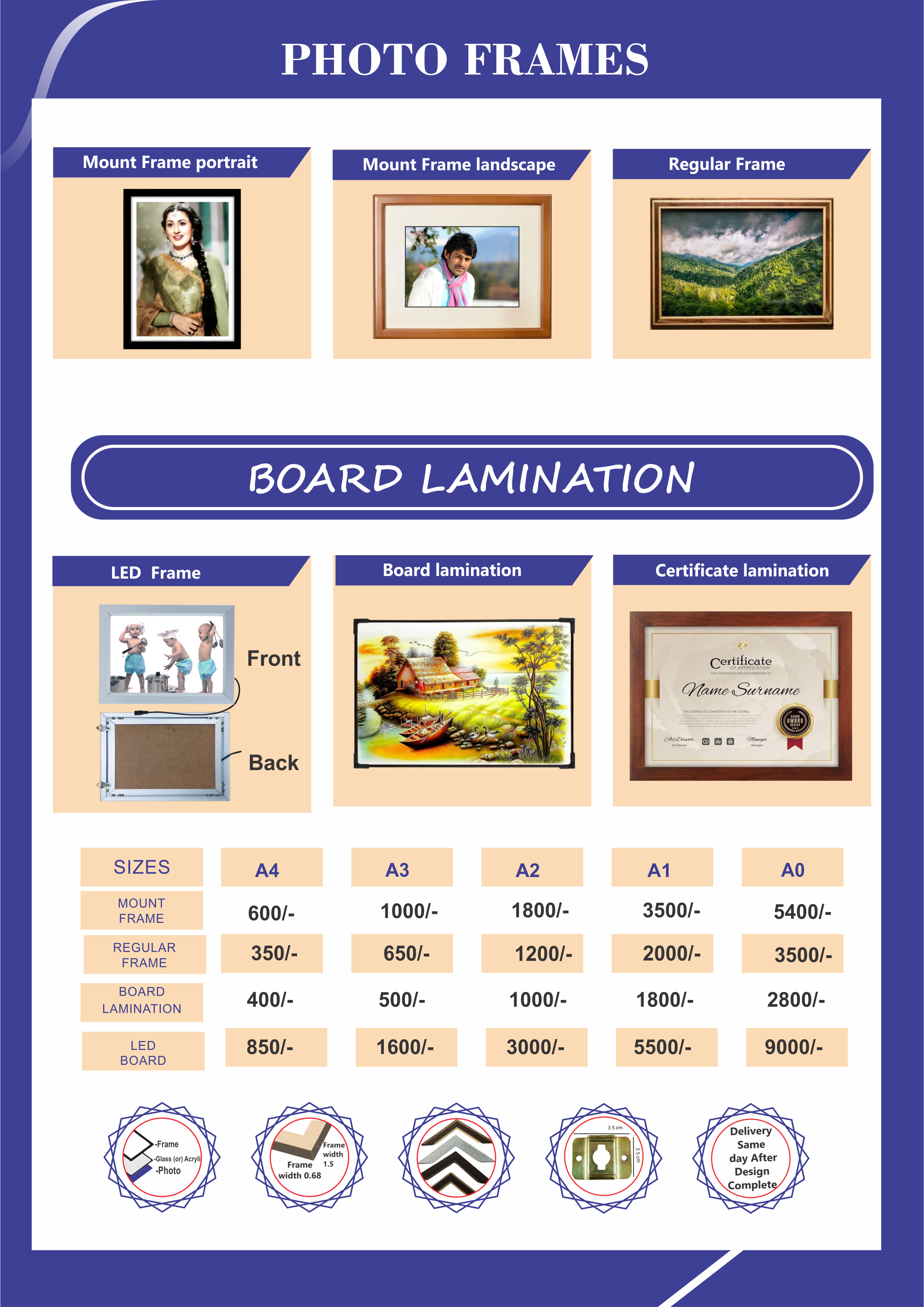 Photo Frames pricing sheet
