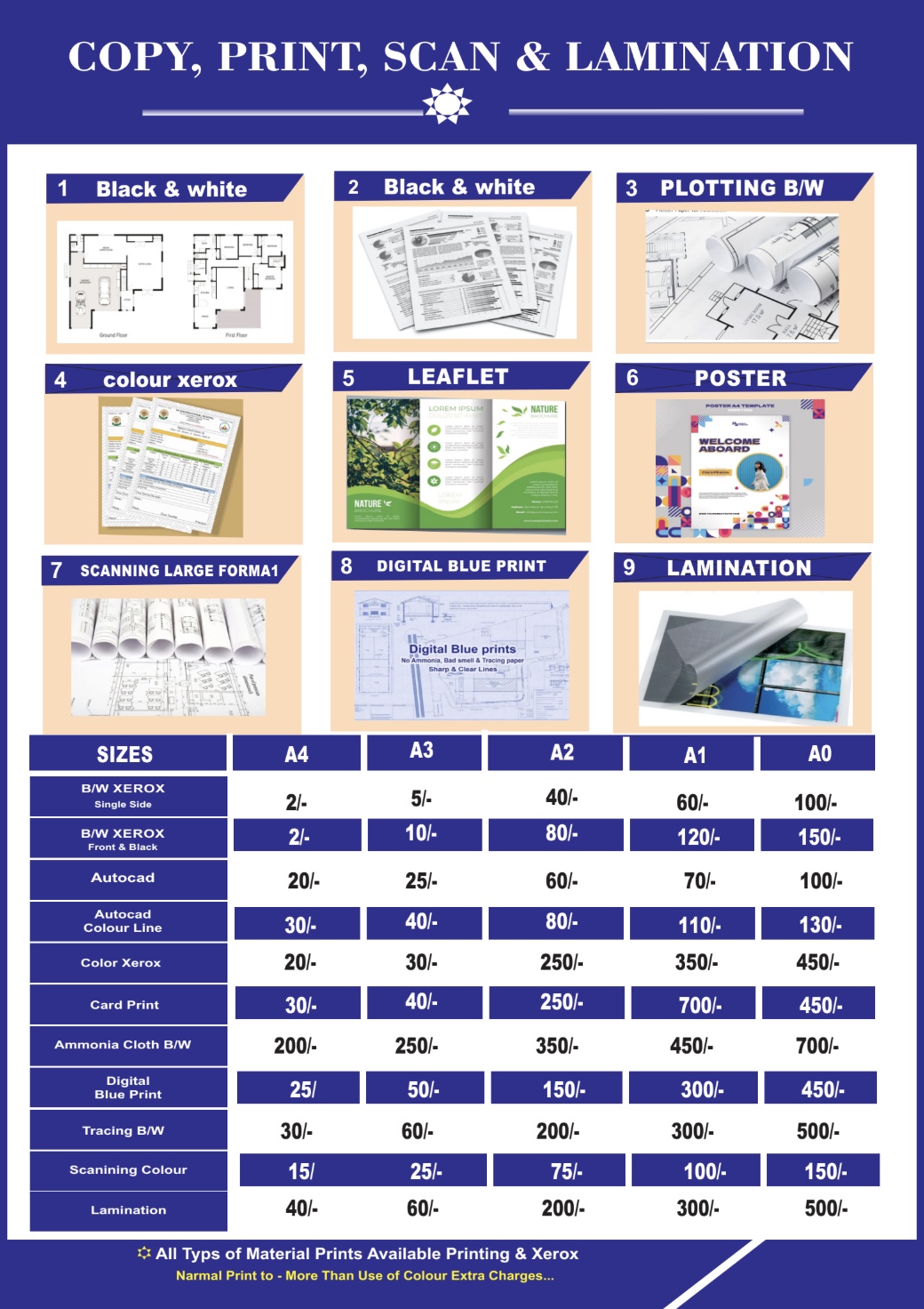 Copy Print Scan and Lamination pricing sheet